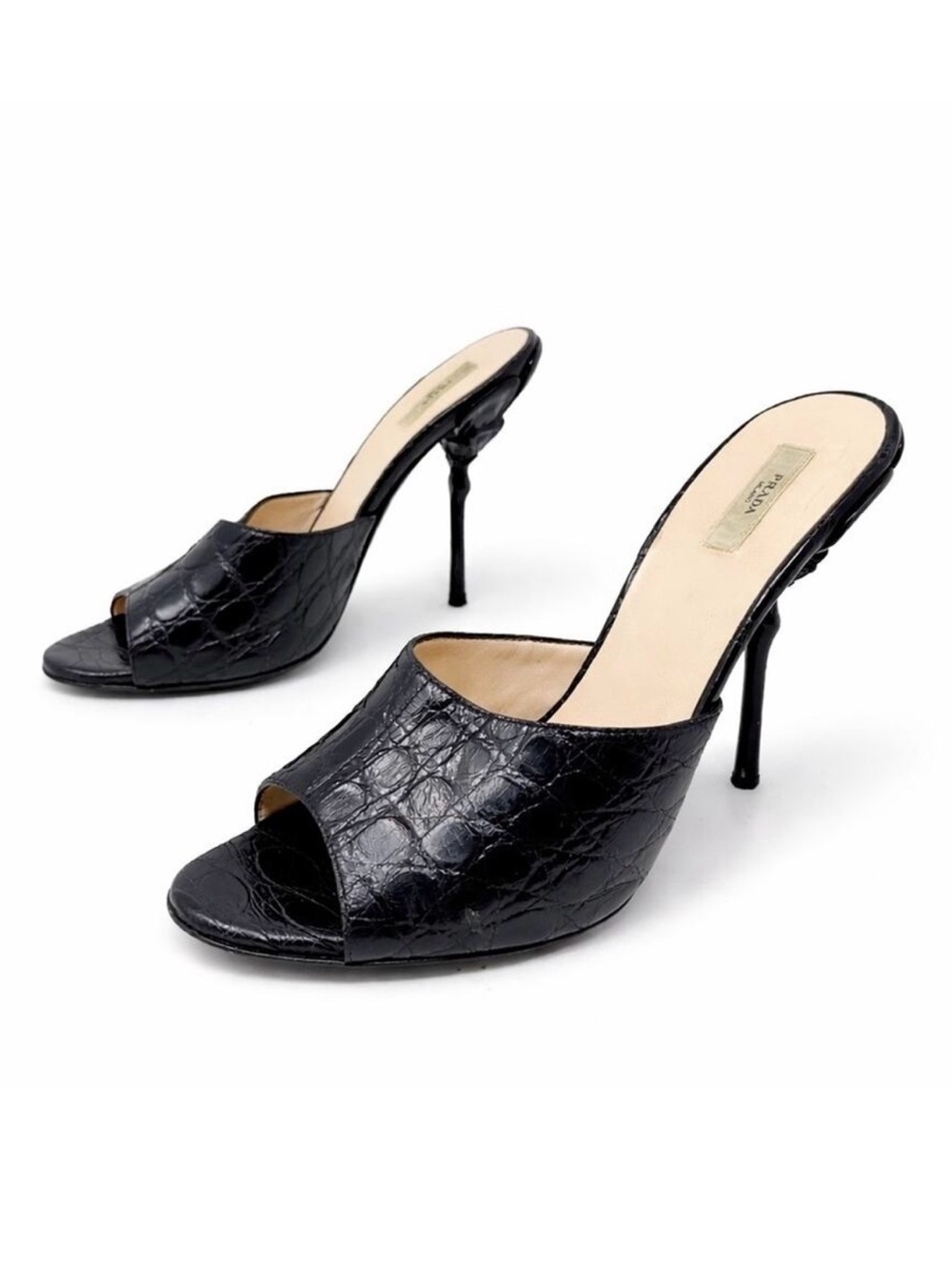 Prada Flower Heel Crocodile Leather Mule Sandals Black Womens Size EU 38